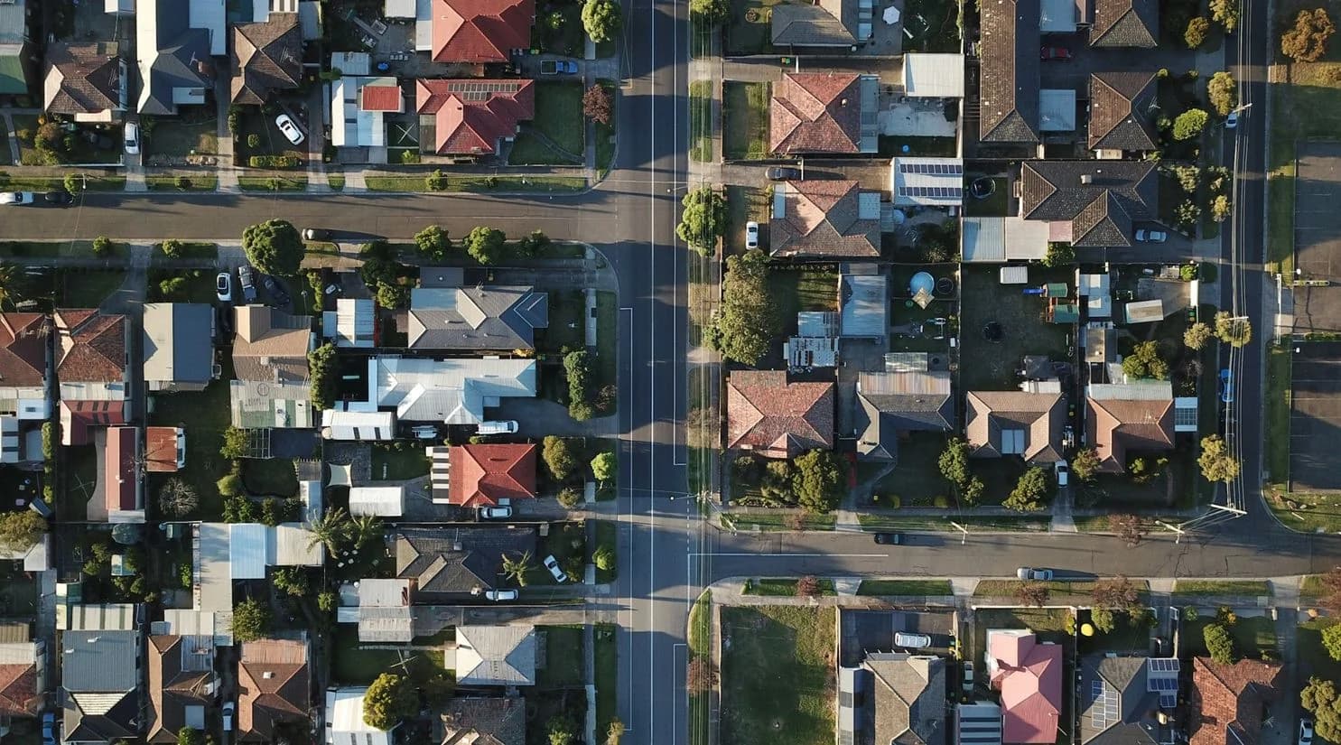 Aerial view of a residential neighborhood near schools